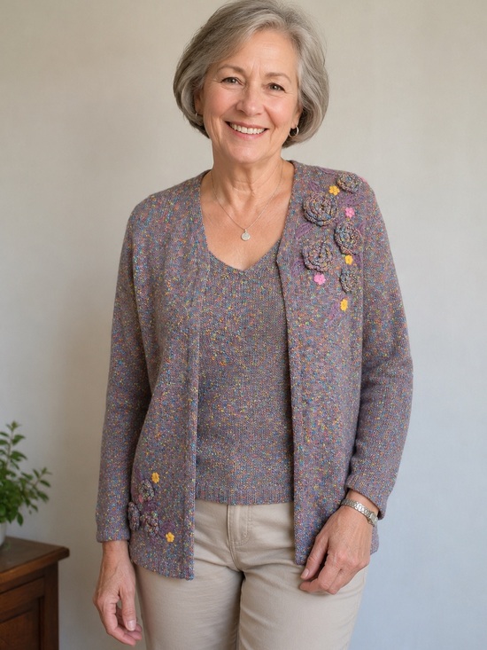 Shani Sweaters - FOCUS by SHANI Women’s Size L Marled Knit Cardigan & Shell Floral Sweater Set